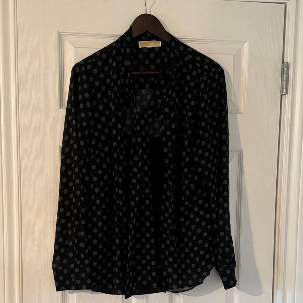 Michael Kors Black Button-Down Blouse with Green Polka Dots